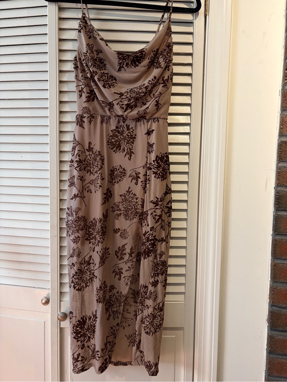 Cowl Neck Floral Maxi Dress in Taupe and Brown